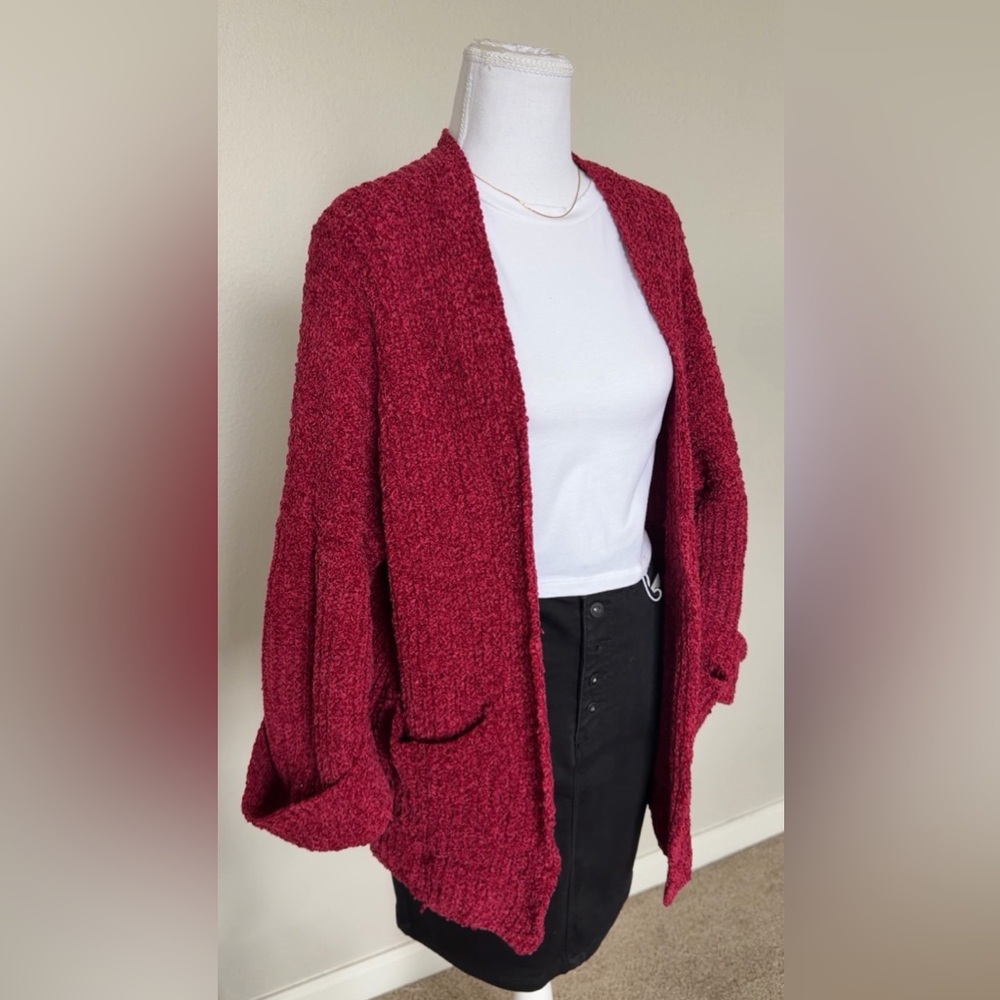 Women's Cozy Chenille Beautiful Red Open Sweater Cardigan